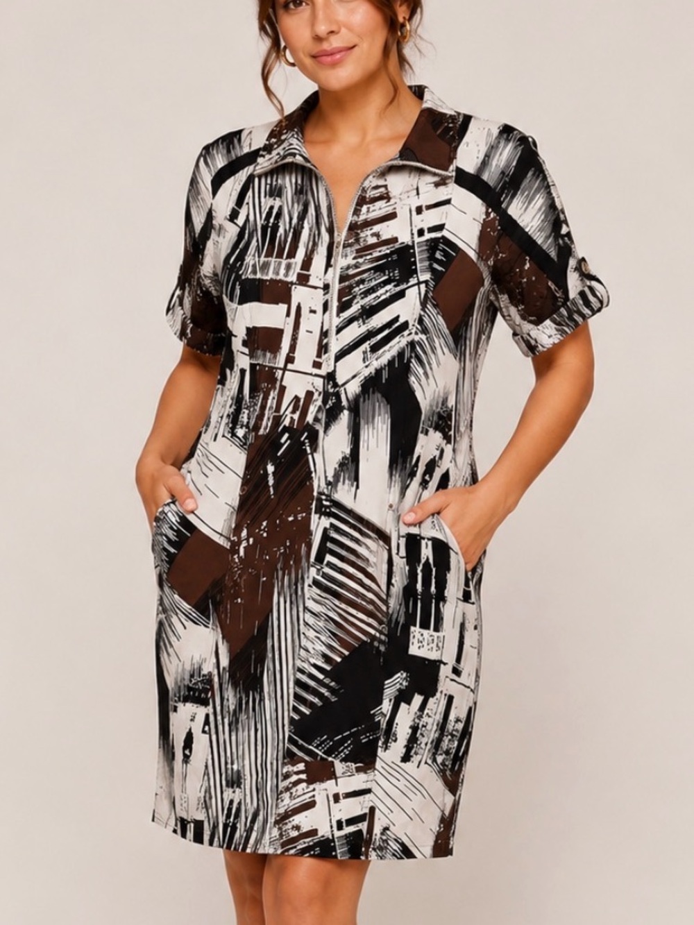 Peter Nygard Abstract Brushstroke Shirt Dress in Black, White & Brown